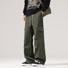 实拍2025秋冬新款美式松紧腰抽绳工装裤男潮牌宽松直阔腿休闲裤子