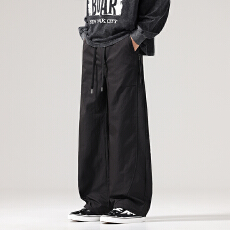 实拍2025秋季美式松紧腰抽绳工装裤男潮牌宽松直阔腿休闲裤子