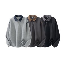 实拍秋冬新款美式复古Polo领拼接潮流卫衣男百搭套头上衣男