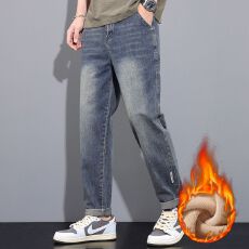 批发加绒加厚冬季新款牛仔裤男宽松<b class='q'>日系</b>哈伦直筒男士锁温保暖牛仔裤
