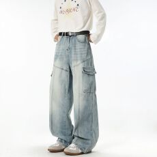 批发美式重磅水洗复古潮牌做旧多口袋工装牛仔裤男宽松直筒阔腿<b class='q'>休闲裤</b>