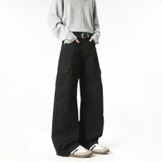 批发<b class='q'>美式</b>高街多口袋弯刀工装裤男女设计宽松直筒褶皱<b class='q'>休闲</b>潮牌水洗长裤