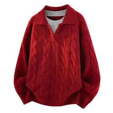 实拍2025秋冬新款潮牌假两件毛衣男士宽松百搭英伦风翻领针织衫