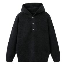 实拍2025秋冬新款潮牌连帽半纽扣毛衣男士宽松百搭简约针织衫外套