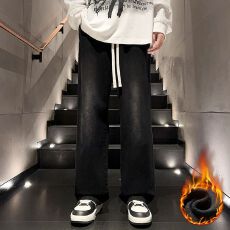 加绒加厚冬季保暖牛仔裤男宽松直筒松紧腰水洗马骝潮流百搭休闲裤