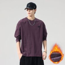 批发冬季加绒保暖重工刺绣长袖t恤男潮流百搭宽松纯棉大码打底锁温