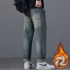 批发加绒加厚<b class='q'>冬</b>新款休闲百搭简约刺绣牛仔裤男士宽松微锥保暖长裤