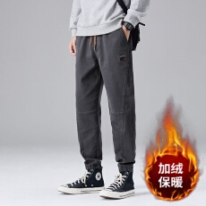 批发加绒加厚<b class='q'>冬</b>季新款休闲裤男宽松大码束脚松紧腰系绳保暖御寒裤子