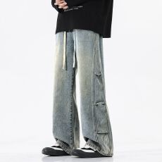 批发实拍2026春季新款潮牌牛仔裤男宽松直筒松紧腰拼接潮流百搭休闲裤