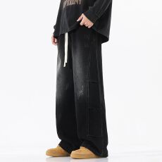 实拍2026春季新款潮牌牛仔裤男宽松直筒松紧腰拼接潮流百搭休闲裤