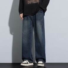 2026春季新款美式复古牛仔裤男宽松直筒半松紧腰潮流韩版阔腿裤子