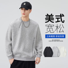 实拍2026新款360g重磅加厚泡泡刺绣圆领长袖卫衣男宽松百搭