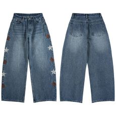 2026春季韩国潮牌五星刺绣复古水洗宽松直筒弧形弯刀牛仔裤男女款