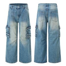 美式复古水洗褶皱多口袋牛仔工装裤男女款直筒宽松休闲阔腿拖地裤