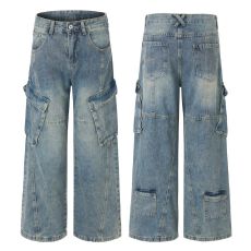 批发美式水洗复古多口袋工装牛仔裤男女宽松直筒潮牌休闲阔腿拖地裤子