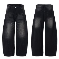 批发美式复古解构水洗廊形猫须弯刀牛仔裤男女直筒宽松潮牌休闲阔腿裤