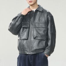 新国标90绒皮衣羽绒服男美式嘻哈外套潮牌宽松夹绒复古翻领皮衣