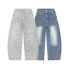 2026春季新款美式弯刀水洗拼接牛仔裤宽松复古潮牌直筒阔腿长裤男