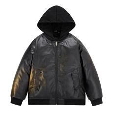 批发冬装新款PU棉衣男连帽宽松休闲百搭加厚假两件皮衣棉服棉袄外套