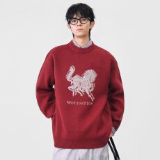 马年图案提花圆领针织衫男士秋冬季新款重磅宽松百搭休闲情侣毛衣