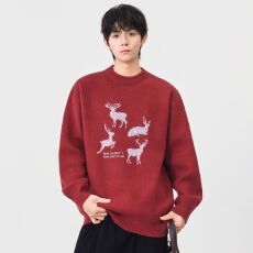 毛衣男秋冬季新款小鹿提花红色针织衫美式重磅宽松圆领套头情侣款