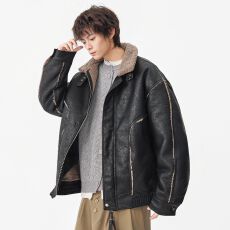 批发皮毛一体棉服男士冬季新款日系复古立领宽松加厚保暖棉衣外套