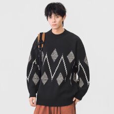 批发圆领提花毛衣男士日系复古宽松套头针织衫百搭休闲秋冬季新款外套