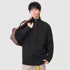 批发半拉链立领套头针织衫男士日系复古百搭毛衣外套秋冬季宽松重磅