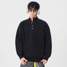 批发针织衫男秋冬季新款套头立领纽扣套头百搭毛衣日系复古宽松潮流