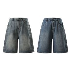 批发实拍2026夏季<b class='q'>新款</b>美式水洗渐变阔腿牛仔中裤男宽松休闲百搭短裤