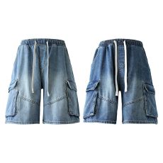 批发实拍夏季<b class='q'>新款</b>工装大口袋牛仔五分裤男宽松全松紧抽绳休闲百搭中裤