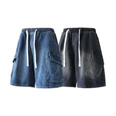 批发实拍夏季<b class='q'>新款</b>工装大口袋牛仔五分裤男宽松全松紧抽绳休闲百搭中裤