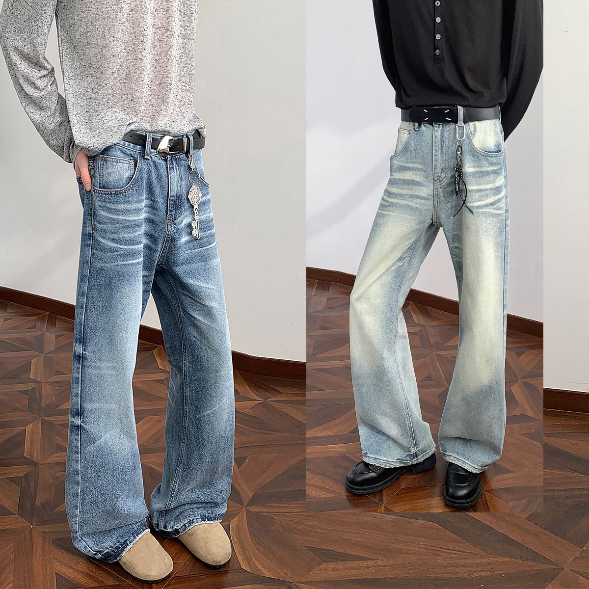 실사 2026 봄 새로운 무거운 아메리칸 워싱 2021m 핏 스타일 다용도 청바지 남녀 루즈핏 부츠컷