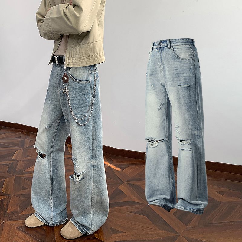 새로운 2026 파운드 아메리칸 워싱 2021m 핏 스타일 다용도 청바지 남녀 같은 단락 찢어진 부분 부츠컷 긴 바지