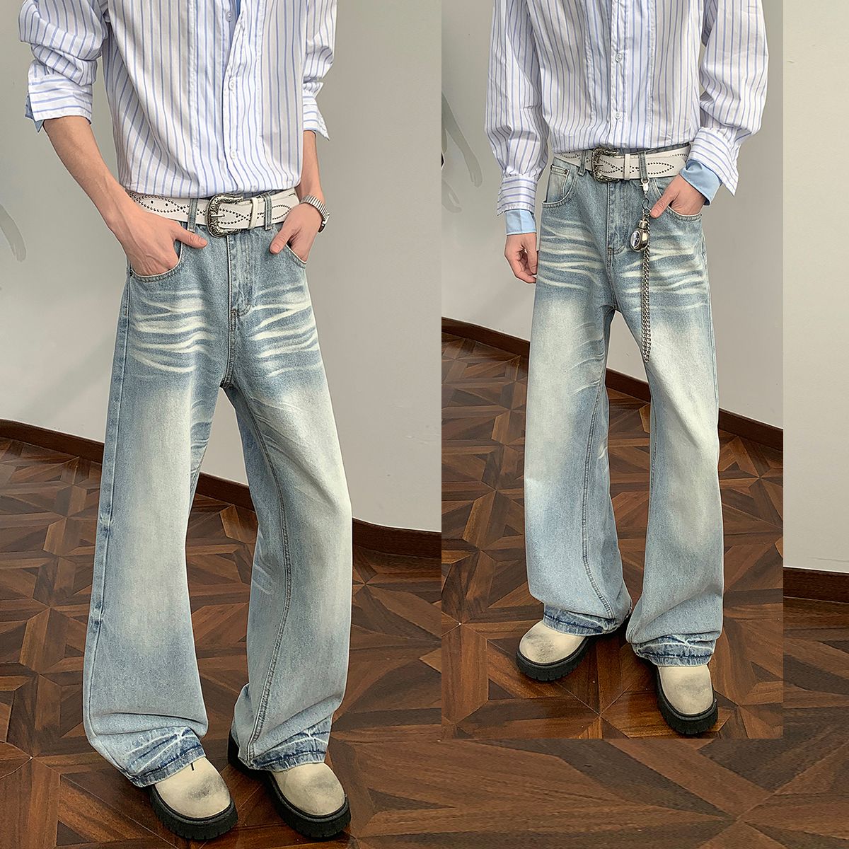 새로운 2026 봄 무거운 아메리칸 워싱 2021m 핏 스타일 다용도 청바지 남녀 루즈핏 부츠컷 긴 바지