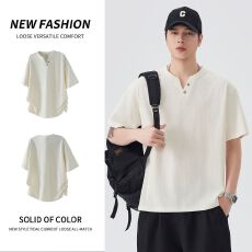 批发实拍2026夏季新款潮牌美式<b class='q'>短袖</b><b class='q'>t</b><b class='q'>恤</b>男V领坑条纯棉半袖体恤