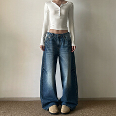 批发美式复古新款水洗闪电爆裂纹弯刀弧形牛仔裤cleanfit宽松百搭<b class='q'>裤子</b>