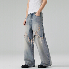 批发实拍2026新款美式个性破洞割烂潮裤宽松直筒牛仔裤男<b class='q'>女</b>中性<b class='q'>长裤</b>