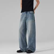 批发<b class='q'>韩版</b>潮流新款铜锈怀旧色牛仔裤男女直筒宽松美式百搭中性长裤子潮