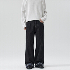 批发2026春夏格子拼接卷边裤原牛色宽松直筒牛仔裤男女A字<b class='q'>潮</b>复古长裤