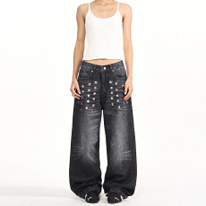 2026新款复古铆钉水洗牛仔裤男女美式高街做旧猫须潮流百搭长裤潮