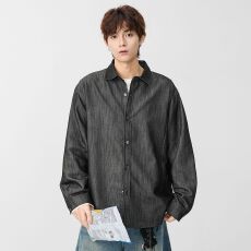 实拍2026新款长袖衬衫男士翻领工装衬衫日系复古百搭牛仔衬衣外套