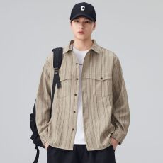 实拍2026新款长袖衬衫男士日系复古条纹翻领衬衣工装外套上衣