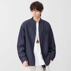 实拍2026新款日系复古老钱风长袖衬衫男士立领宽松开衫衬衣