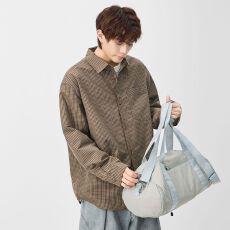 实拍2026新款细格子长袖衬衫男日系复古翻领口袋衬衣外套百搭潮流