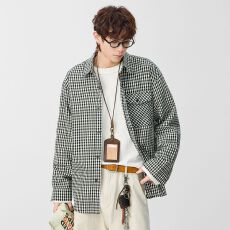 批发实拍2026新款长袖格子<b class='q'>衬衫</b>男士日系翻领宽松潮流<b class='q'>衬衣</b>外套百搭休闲