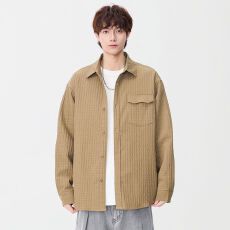 批发实拍2026新款格纹长袖<b class='q'>衬衫</b>男士翻领宽松纯色日系复古休闲外套上衣