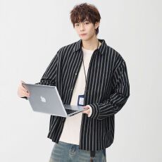 批发实拍2026新款条纹<b class='q'>衬衫</b>男士日系复古翻领宽松开衫<b class='q'>衬衣</b>外套百搭休闲