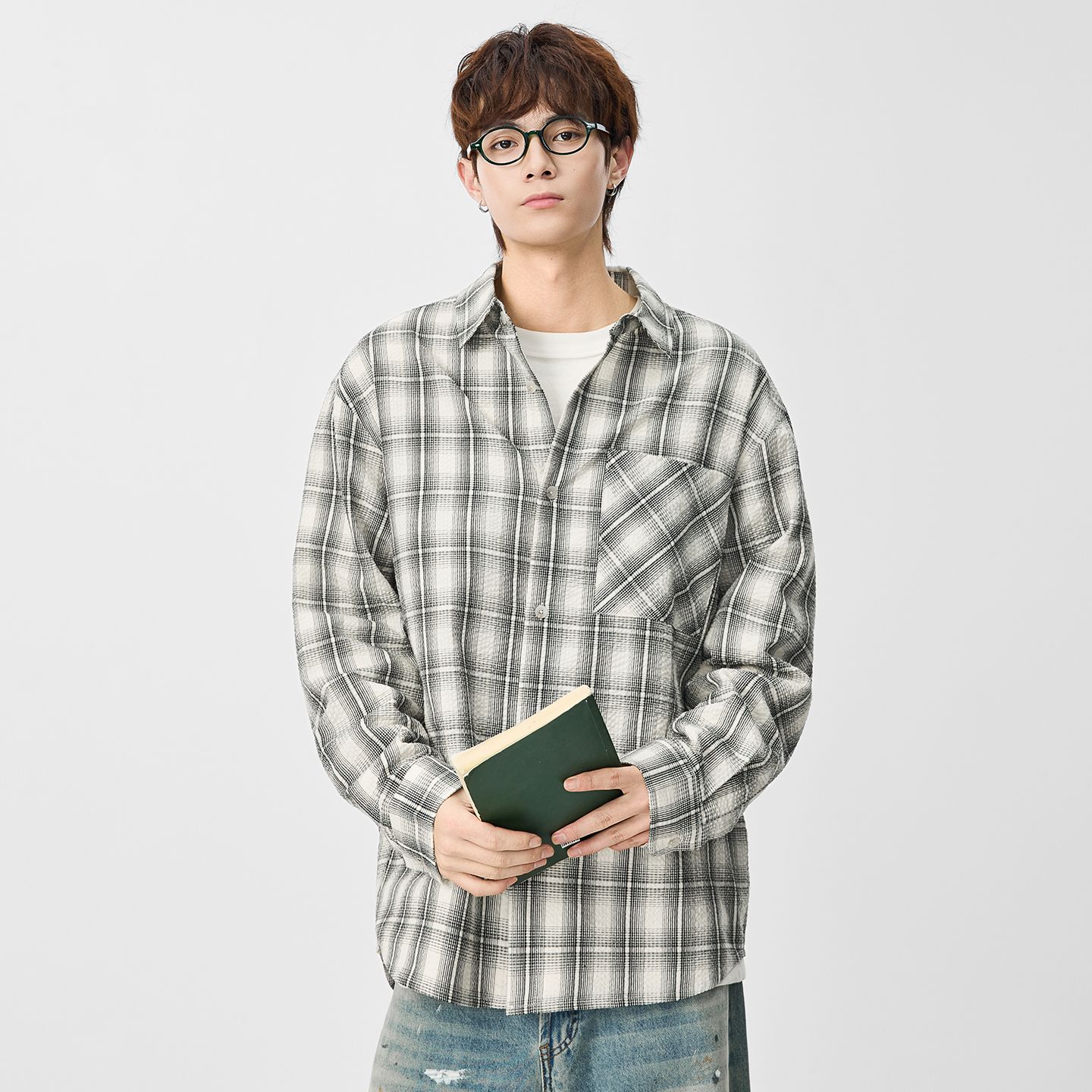 격자 무늬 셔츠 남성 긴팔 2026 봄 새로운 폴로 칼라 루즈핏 셔츠 오픈 가디건 다용도 커플 재킷
