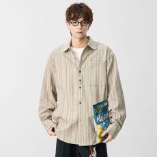 实拍新款条纹衬衫男士长袖翻领日系复古百搭休闲潮流简约上衣